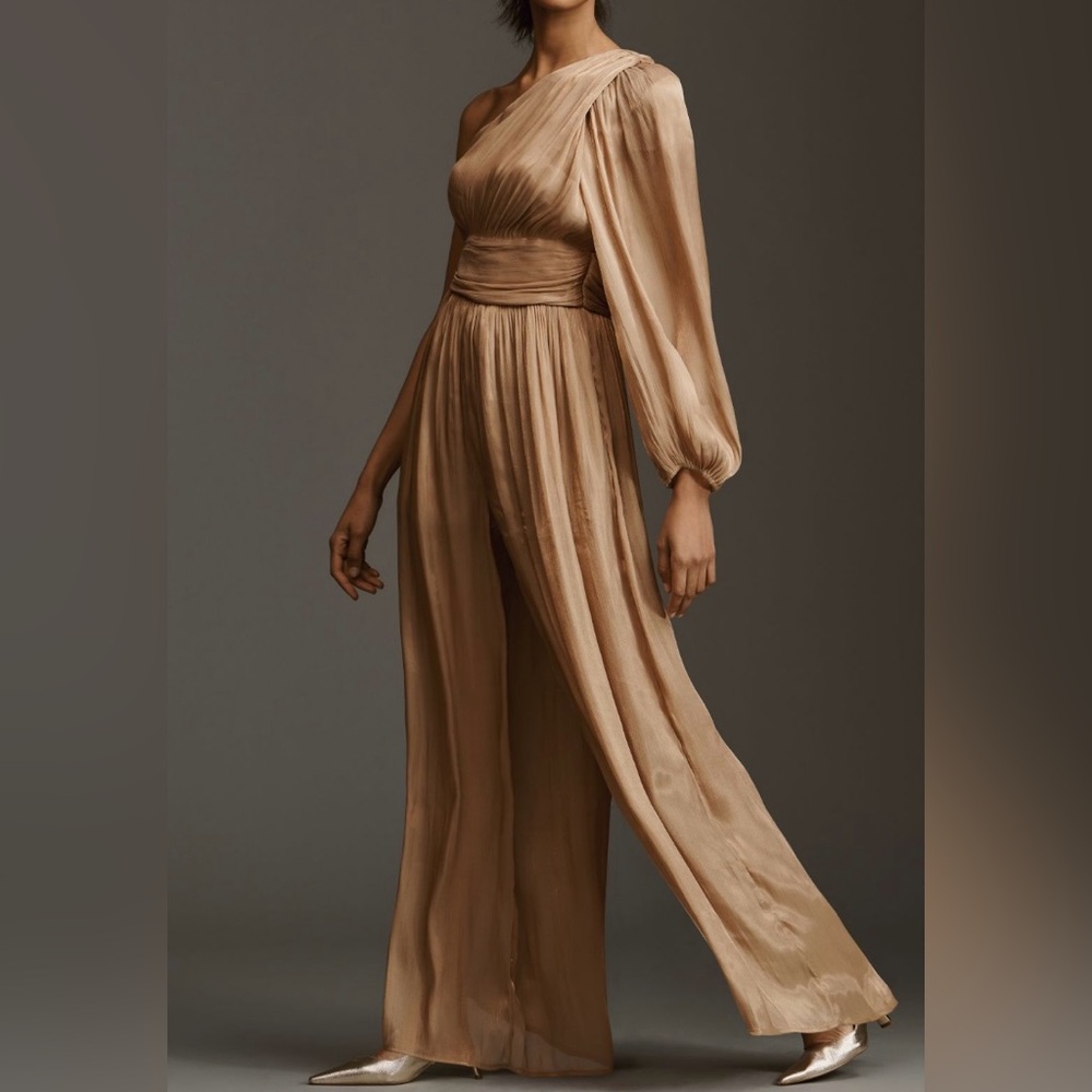 Anthropologie One-Shoulder Metallic Wide-Leg Jumpsuit, Size 4 - Picture 3 of 14